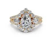 Halo Engagement Ring Setting for Pear-Shaped Center with Two-Strand Split Shank and Prong Head in Yellow Gold