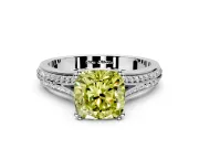 Solitaire Engagement Ring Setting for Fancy Yellow Cushion Cut Center with Pave Rail Split Shank and Prong Head in Platinum