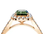 Halo Engagement Ring Setting for Fancy Green Emerald Cut Center with Narrowing Pave Band and Prong Head in Rose Gold