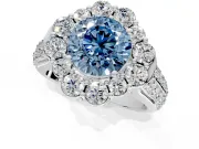 Large Accent Halo Engagement Ring Setting for Fancy Blue Round Cut Center with Pave Split Shank and Prong Head in Sterling Silver
