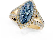 Halo Engagement Ring Setting for Fancy Blue Marquise Center with Narrow Pave Split Shank and Prong Head in Yellow Gold