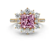 Floral Halo Engagement Ring Setting for Fancy Pink Princess Cut Center with Pave Accents and Prong Head in Yellow Gold