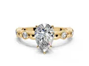 Solitaire Engagement Ring Setting for Pear-Shaped Center with Beaded Bezel Station Band and Prong Head in Yellow Gold