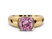 Tension Engagement Ring Setting for Fancy Pink Cushion Cut Center with Wide Flat Band and Tension Head in Yellow Gold