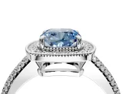 Milgrain Halo Engagement Ring Setting for Fancy Blue Cushion Cut Center with Three-Sided Pave Band and Prong Head in Platinum