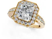Bezel-Framed Halo Engagement Ring Setting for Radiant Cut Center with Pave Band and Prong Head in Yellow Gold