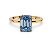 Hidden Halo Engagement Ring Setting for Fancy Blue Emerald Cut Center with Thin Round-Wire Band and Prong Head in Yellow Gold