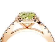 Halo Engagement Ring Setting for Fancy Yellow Cushion Cut Center with Full Pave Band and Prong Head in Rose Gold