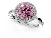 Halo Engagement Ring Setting for Fancy Pink Round Cut Center with Pave and Plain Twist Band and Prong Head in White Gold