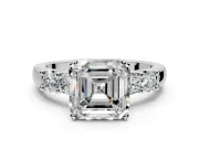 5 Stone Engagement Ring Setting for Asscher Cut Center with Plain Band and Prong Head in Sterling Silver