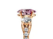 3 Stone Engagement Ring Setting for Fancy Pink Oval Center with Crossover Basket, Pave Band and Prong Head in Rose Gold