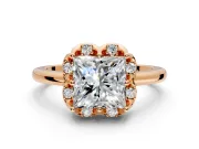 Floral Frame Engagement Ring Setting for Princess Cut Center with Accent Clusters and Prong Head in Rose Gold