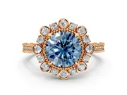Milgrain Halo Engagement Ring Setting for Fancy Blue Round Cut Center with Bezel Point Accents and Prong Head in Rose Gold