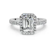 Halo Engagement Ring Setting for Emerald Cut Center with Full Pave Band and Prong Head in White Gold