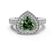 Milgrain Halo Engagement Ring Setting for Fancy Green Heart-Shaped Center with Pave Band and Prong Head in Platinum