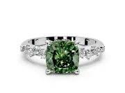 Solitaire Engagement Ring Setting for Fancy Green Cushion Cut Center with Trailing Leaf Accent Band and Prong Head in Sterling Silver