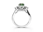 3 Stone Engagement Ring Setting for Fancy Green Cushion Cut Center with Crossover Basket, Pave Band and Prong Head in White Gold