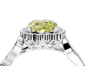 Halo Engagement Ring Setting for Fancy Yellow Cushion Cut Center with Leaf Motif Split Shank and Prong Head in Platinum