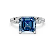 Solitaire Engagement Ring Setting for Fancy Blue Asscher Cut Center with Fine Pave Narrow Band and Prong Head in White Gold