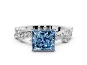 Solitaire Engagement Ring Setting for Fancy Blue Princess Cut Center with Bar-Station Pave Twist and Prong Head in White Gold
