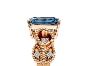 Leaf Engagement Ring Setting for Fancy Blue Emerald Cut Center with Milgrain Accent Band and Prong Head in Rose Gold