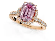 Halo Engagement Ring Setting for Fancy Pink Emerald Cut Center with Openwork Halo, Pave Band and Prong Head in Rose Gold