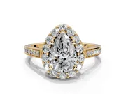 Floral Halo Engagement Ring Setting for Pear-Shaped Center with Large Halo Accents and Prong Head in Yellow Gold