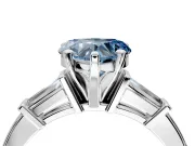 3 Stone Engagement Ring Setting for Fancy Blue Heart-Shaped Center with Channel Baguette Accents and Prong Head in Platinum