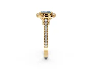 Halo Engagement Ring Setting for Fancy Blue Cushion Cut Center with Milgrain Frame, Pave Band and Prong Head in Yellow Gold