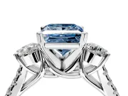 3 Stone Engagement Ring Setting for Fancy Blue Princess Cut Center with Crossover Basket, Pave Band and Prong Head in Platinum