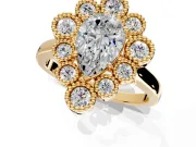 Cluster Halo Engagement Ring Setting for Pear-Shaped Center with Milgrain Bezel Accents and Prong Head in Yellow Gold