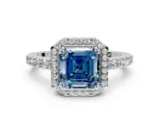 Halo Engagement Ring Setting for Fancy Blue Asscher Cut Center with Inner Milgrain Border and Prong Head in Platinum