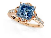 Floral Engagement Ring Setting for Fancy Blue Princess Cut Center with Pave Band and Floral Prong Head in Rose Gold