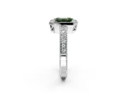 Milgrain Halo Engagement Ring Setting for Fancy Green Emerald Cut Center with Wide Pave Band and Prong Head in Platinum