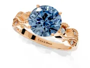 Leaf Engagement Ring Setting for Fancy Blue Round Cut Center with Milgrain Accent Band and Prong Head in Rose Gold