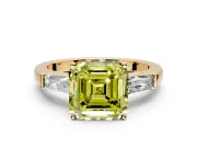 3 Stone Engagement Ring Setting for Fancy Yellow Asscher Cut Center with Tapered Baguettes, Plain Band and Prong Head in Yellow Gold