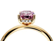 Hidden Halo Engagement Ring Setting for Fancy Pink Emerald Cut Center with Thin Round-Wire Band and Prong Head in Yellow Gold
