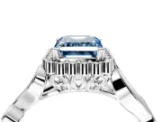 Halo Engagement Ring Setting for Fancy Blue Emerald Cut Center with Leaf Motif Split Shank and Prong Head in Platinum
