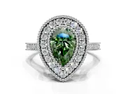 Halo Engagement Ring Setting for Fancy Green Pear-Shaped Center with Milgrain Frame, Pave Band and Prong Head in Sterling Silver