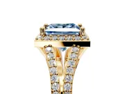 Halo Engagement Ring Setting for Fancy Blue Princess Cut Center with Pave Split Shank and Prong Head in Yellow Gold