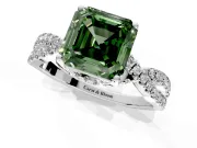 Solitaire Engagement Ring Setting for Fancy Green Asscher Cut Center with Narrow Twist Pave Band and Prong Head in White Gold
