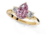 3 Stone Engagement Ring Setting for Fancy Pink Pear-Shaped Center with Wide Plain Band and Prong Head in Yellow Gold