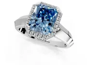 Halo Engagement Ring Setting for Fancy Blue Radiant Cut Center with Knife Ridge Cathedral Band and Prong Head in Sterling Silver