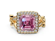 Halo Engagement Ring Setting for Fancy Pink Asscher Cut Center with Leaf Motif Split Shank and Prong Head in Yellow Gold