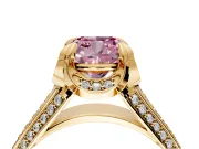 Solitaire Engagement Ring Setting for Fancy Pink Cushion Cut Center with Accented Split Shank and Prong Head in Yellow Gold