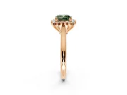 Starburst Halo Engagement Ring Setting for Fancy Green Cushion Cut Center with Thin Round-Wire Band and Prong Head in Rose Gold