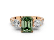 3 Stone Engagement Ring Setting for Fancy Green Emerald Cut Center with Crossover Basket, Pave Band and Prong Head in Rose Gold
