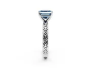 Solitaire Engagement Ring Setting for Fancy Blue Asscher Cut Center with Scrollwork Band and Prong Head in White Gold