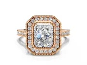 Halo Engagement Ring Setting for Radiant Cut Center with Milgrain Frame, Pave Band and Prong Head in Rose Gold