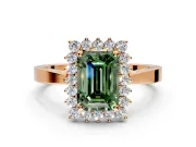 Starburst Halo Engagement Ring Setting for Fancy Green Emerald Cut Center with Flat Cathedral Band and Prong Head in Rose Gold